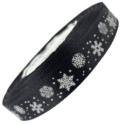 Tasiemka satynowa czarna w śnieżynki 12mm x 23m