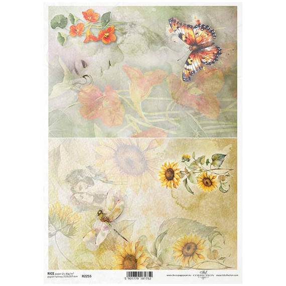 Papier ryżowy do decoupage A4 ITD-R2255 kwiaty, słoneczniki, ważka, motyl