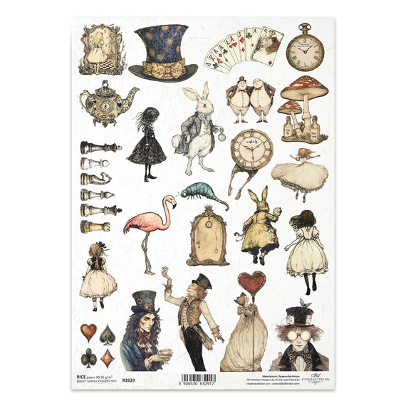 Papier ryżowy do decoupage A4 - Baśniowe elementy, szachy, Alicja, Kapelusznik, symbole kart, Biały Królik - R2629 - Itd Collection