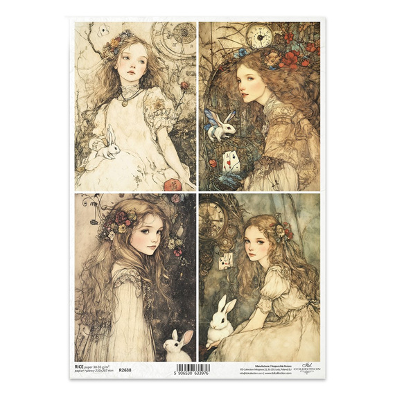 Papier ryżowy do decoupage A4 - dziewczynki, Alicja, zajączki, króliki, baśniowe kompozycje - R2638 - Itd Collection