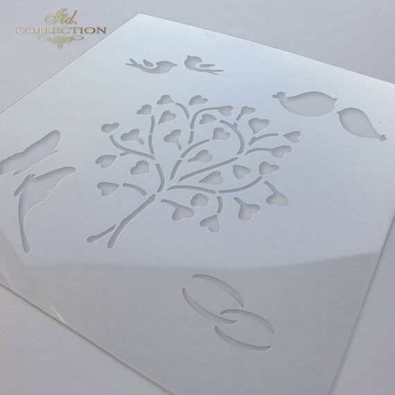 Maska / szablon 16x16cm - ST0236 drzewko, motyle, ptaszki, obrączki