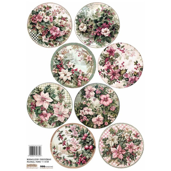Papier ryżowy A4 - Scraplove - Medallion Christmas Floral Pink 1 - Medaliony Świąteczne różowe kwiaty