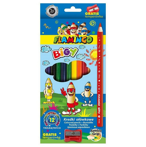 Zestaw 12 kredek trójkątnych Flamingo Jumbo + temperówka