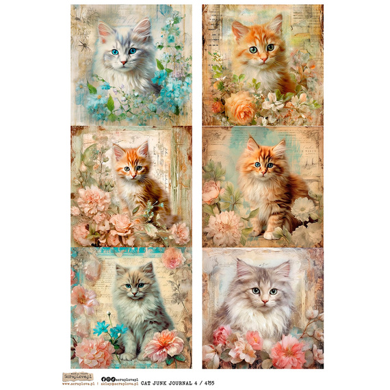 Papier ryżowy A4 - Scraplove - Cat Junk Journal 4 kotki kwiaty