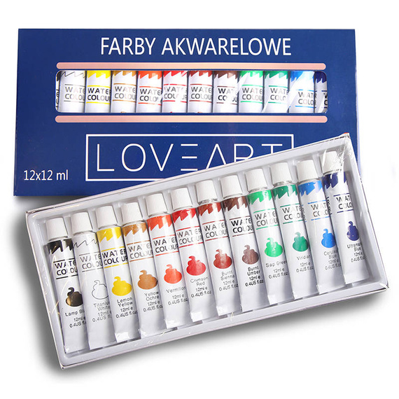 Farby akwarelowe Loveart 12x12ml, blok do farb, zestaw pędzli