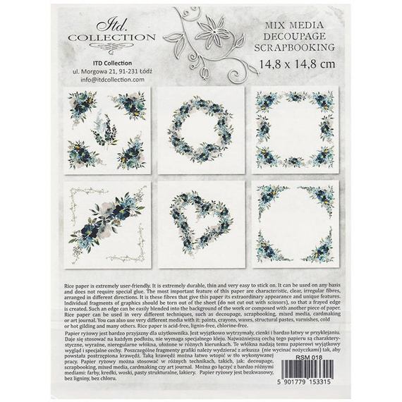 Zestaw papierów ryżowych, niebieskie kwiaty- ITD 6szt