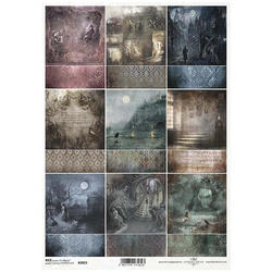 Papier ryżowy do decoupage ITD-R2023 błękitny zamek, cmentarz, kruki, zjawy,