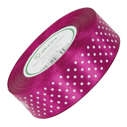 Wstążka satynowa w kropki 25 mm - fuksja 88 - 23 m - dekoracyjna tasiemka