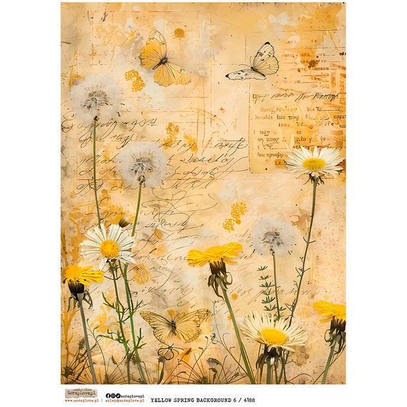 Papier ryżowy A4 - Scraplove - Yellow Spring Background 6 kwiaty polne dmuchawce motyle