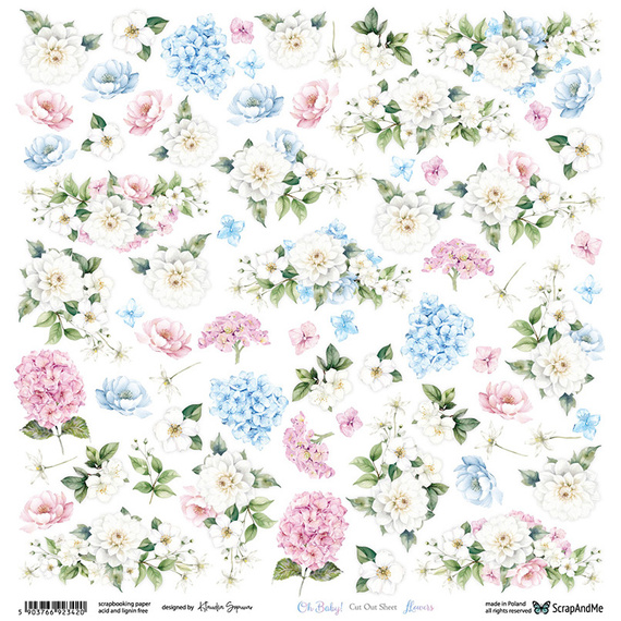 Papier do scrapbookingu 30x30 - ScrapAndMe - Oh, Baby - Flowers - arkusz do wycinania