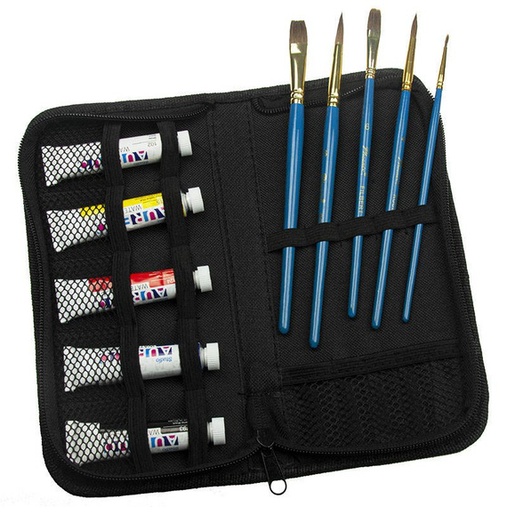 Zestaw malarski podróżny w etui - Phoenix - farby akwarelowe 5x12 ml, 5 pędzli