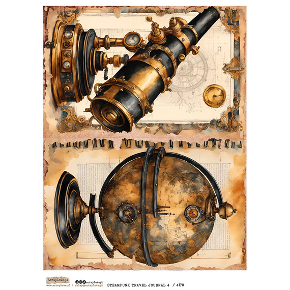 Papier ryżowy A4 - Scraplove - Steampunk Travel Journal 4 luneta globus