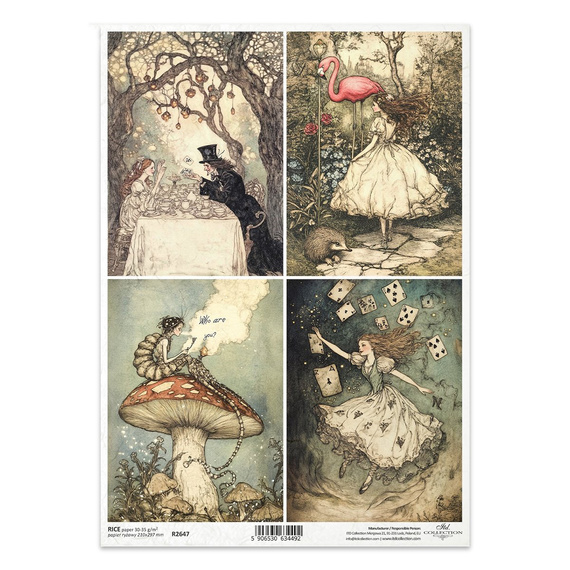 Papier ryżowy do decoupage A4 - Gąsienica, Alicja, Kapelusznik, flaming, karty - R2647 - Itd Collection