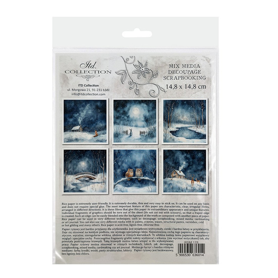 Zestaw papierów ryżowych - krajobraz nocą, zimowa sceneria, sowa, lis, królik, domek - RSM178 - Itd Collection