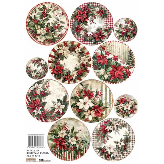 Papier ryżowy A4 - Scraplove - Medallion Christmas Floral Red 1 - Medaliony Świąteczne czerwone kwiaty