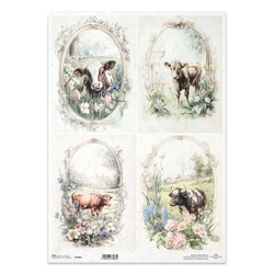 Papier ryżowy do decoupage A3 - krowy ramki wiejskie klimaty - R1409L - Itd Collection