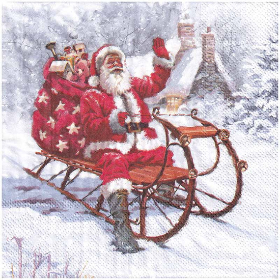 Serwetka 33x33cm - Santa on Sledge Mikołaj na saniach