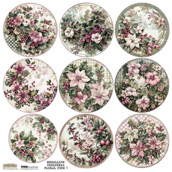 Naklejki papierowe - ScrapLove - Medallion Christmas Floral Pink 1 - Medaliony świąteczne różowe