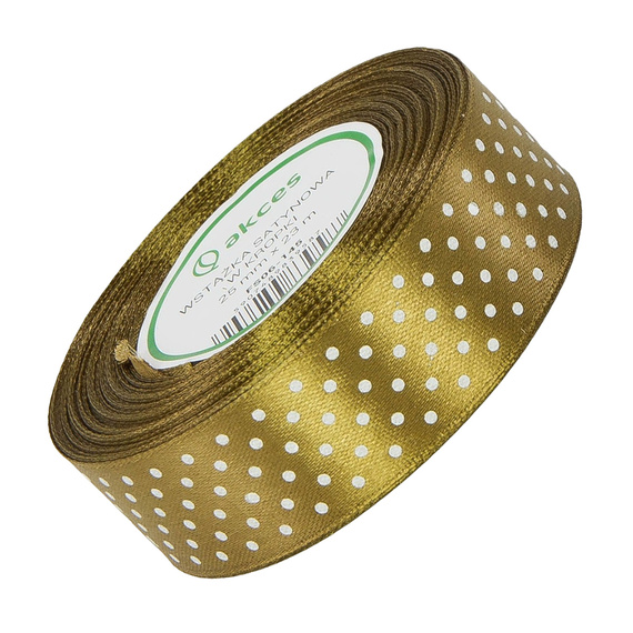 Wstążka satynowa w kropki 25 mm - złota 145 - 23 m - dekoracyjna tasiemka