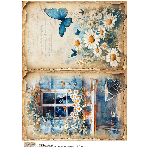 Papier ryżowy A4 - Scraplove - Daisy Junk Journal 6 stokrotki okno motyl