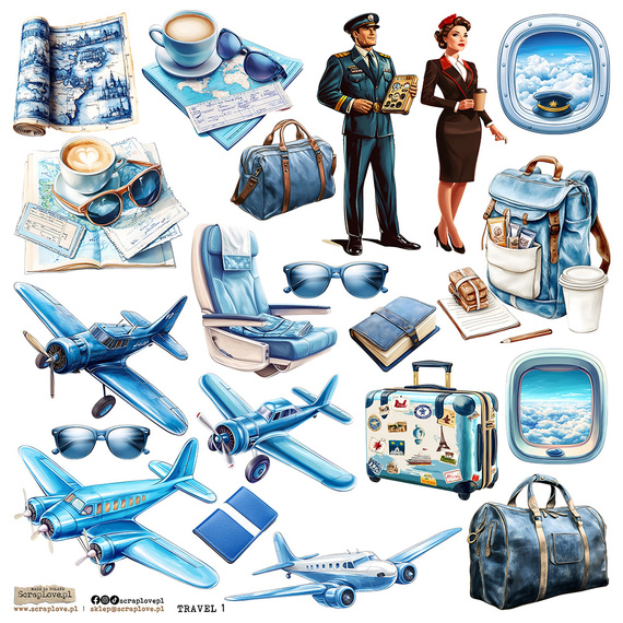 Naklejki papierowe - ScrapLove - Travel 1 podróże samolot pilot