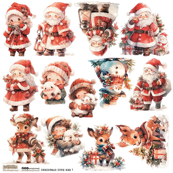 Naklejki papierowe - ScrapLove - Christmas Cute Red 1 Święty Mikołaj Pani Mikołajowa bałwan