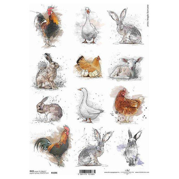 Papier ryżowy do decoupage A4 ITD-R1686 kogut, kura, królik, zając, Wielkanoc