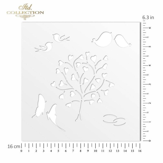 Maska / szablon 16x16cm - ST0236 drzewko, motyle, ptaszki, obrączki