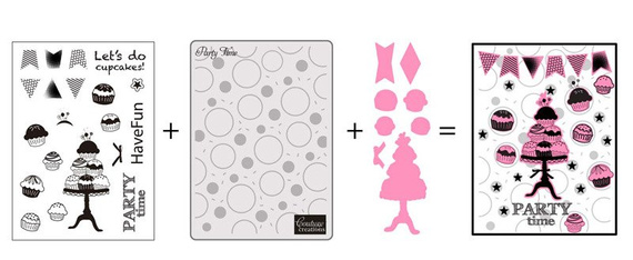 Wykrojniki, folder i stemple - Couture Creations - 3 in 1 Set - Party Time Dreamboat Collection - babeczki