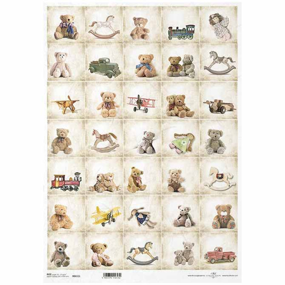 Papier ryżowy do decoupage A3 ITD-0651L retro zabawki, misie