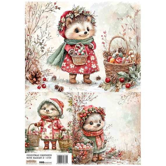 Papier ryżowy A4 - Scraplove - Christmas Hedgehog with Basket 2 - Świąteczny jeż z koszem