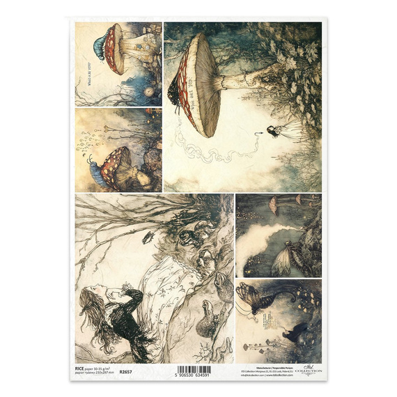 Papier ryżowy do decoupage A4 - Alicja, grzyb, muchomor, gąsienica - R2657 - Itd Collection