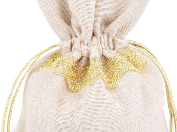 Woreczek podarunkowy naturalny 15x20cm ze złotą koronką - 1szt