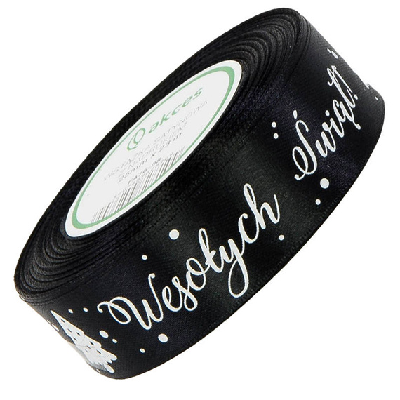 Tasiemka satynowa czarna Wesołych Świąt 25mm x 23,66m