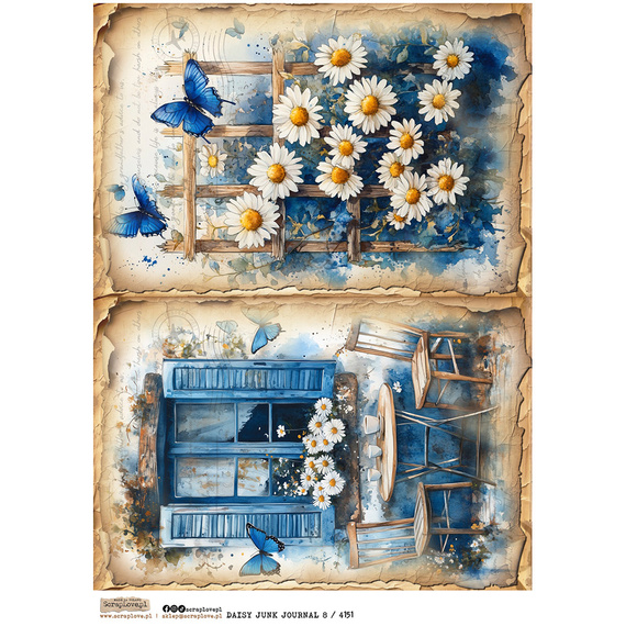 Papier ryżowy A4 - Scraplove - Daisy Junk Journal 8 okno kwiatki stokrotki