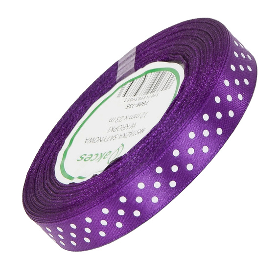 Wstążka satynowa w kropki 12 mm - fioletowa 135 - 23 m - dekoracyjna tasiemka