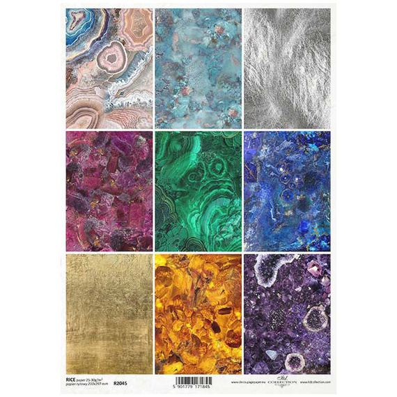 Papier ryżowy do decoupage ITD-R2045 złoto, agat, ametyst, malachit, turkus, srebro, lazuryt, rubin, bursztyn