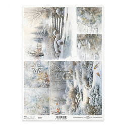 Papier ryżowy do decoupage A4 - zimowy ogród, ptaszki, śnieżynki - R2557 - Itd Collection