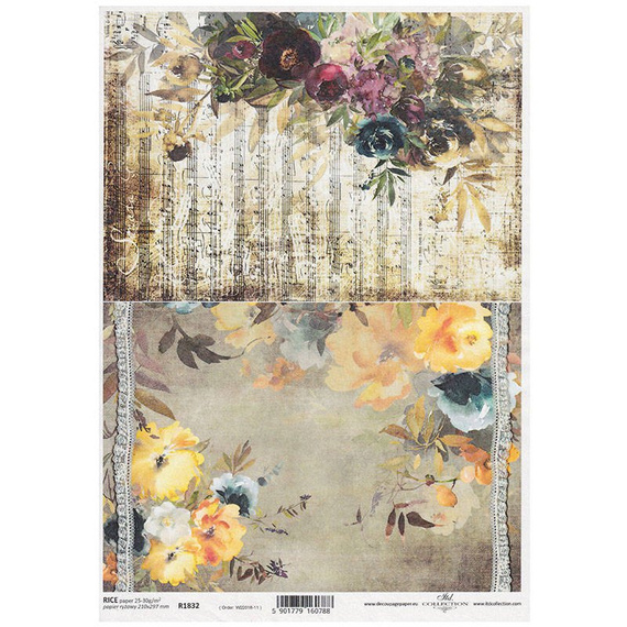 Papier ryżowy do decoupage A4 ITD-R1832 kwiaty nuty