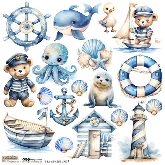 Naklejki papierowe - ScrapLove - Sea Adventure 1 kotwica ster latarnia morska