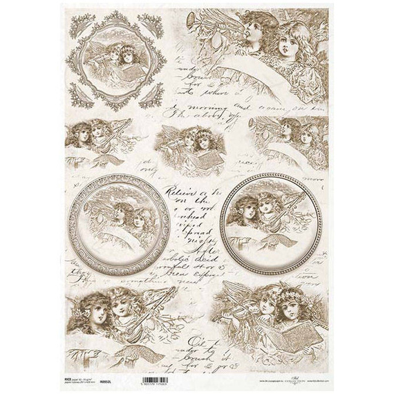 Papier ryżowy do decoupage A3 ITD-932L vintage anioły, ozdobne ramki, pismo