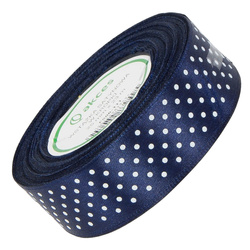 Wstążka satynowa w kropki 25 mm - granat 111 - 23 m - dekoracyjna tasiemka