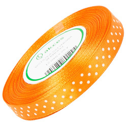 Wstążka satynowa pomarańczowa w białe kropki 12mm 23m