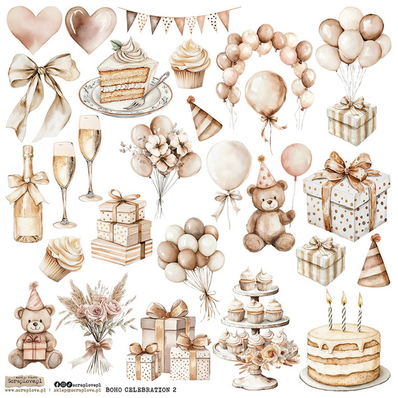 Naklejki papierowe - ScrapLove - Boho Celebration 2 balony prezenty tort