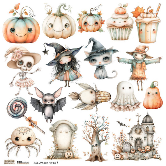 Naklejki papierowe - ScrapLove - Halloween Cute 1 dynie czarownica kot cmentarz