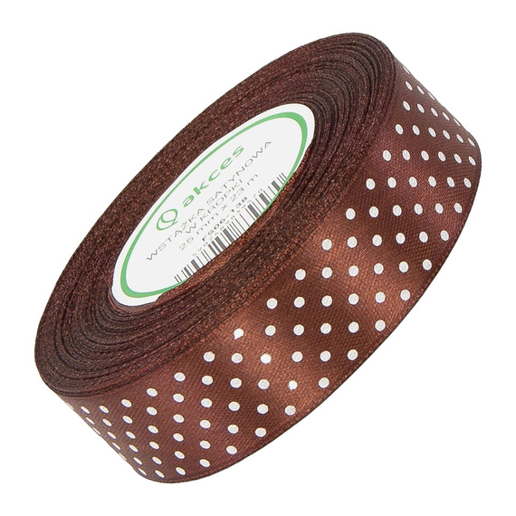 Wstążka satynowa w kropki 25 mm - brązowa 138 - 23 m - dekoracyjna tasiemka