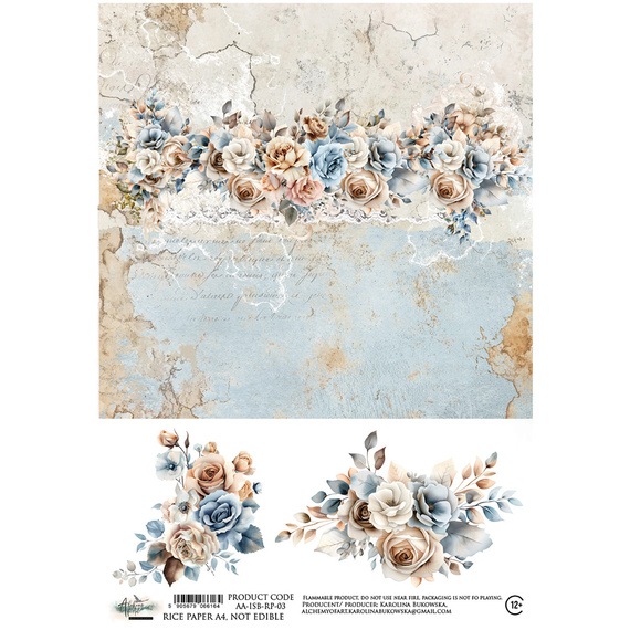 Papier ryżowy do decoupage A4 - Art of Alchemy - In shades of blue - kwiaty