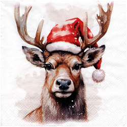 Serwetka do decoupage 33x33cm - Deer with Santa hat jeleń w czapce