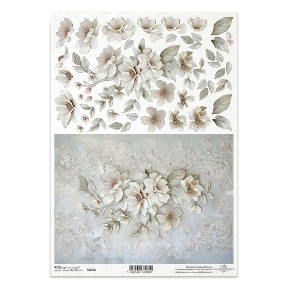 Papier ryżowy do decoupage A4 R2618 białe kwiaty 3D
