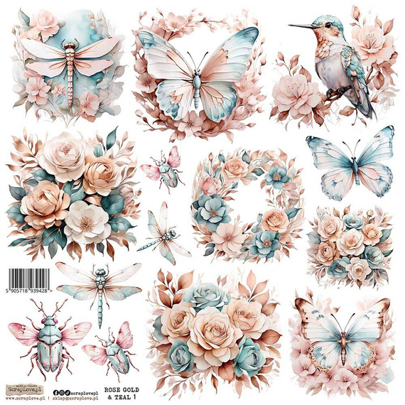 Naklejki papierowe - ScrapLove - Rose Gold & Teal 1 motyle ważki kwiaty